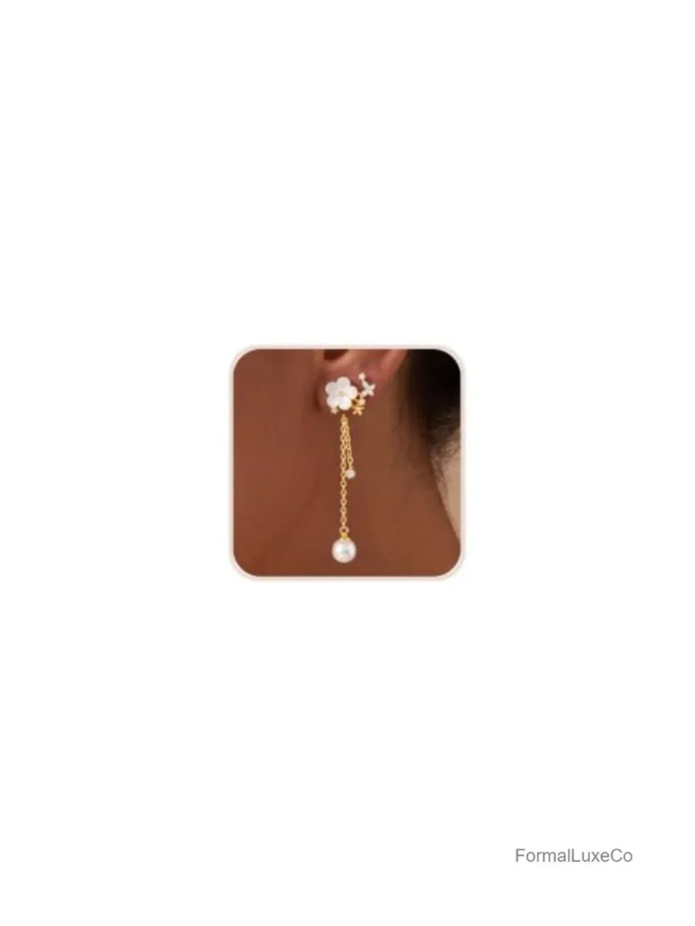 Dainty Flower Pearl Dangle Earrings Drop Long Chain 14K Gold Plated Cubic